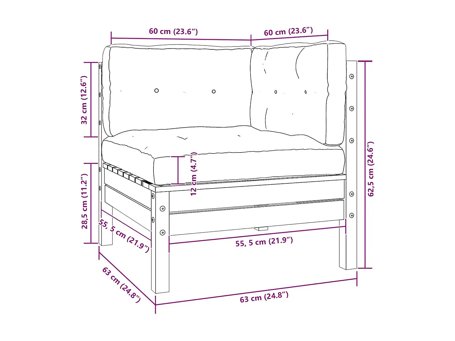 3-tlg. Garten-Lounge-Set mit Kissen in Creme Massivholz Kiefer