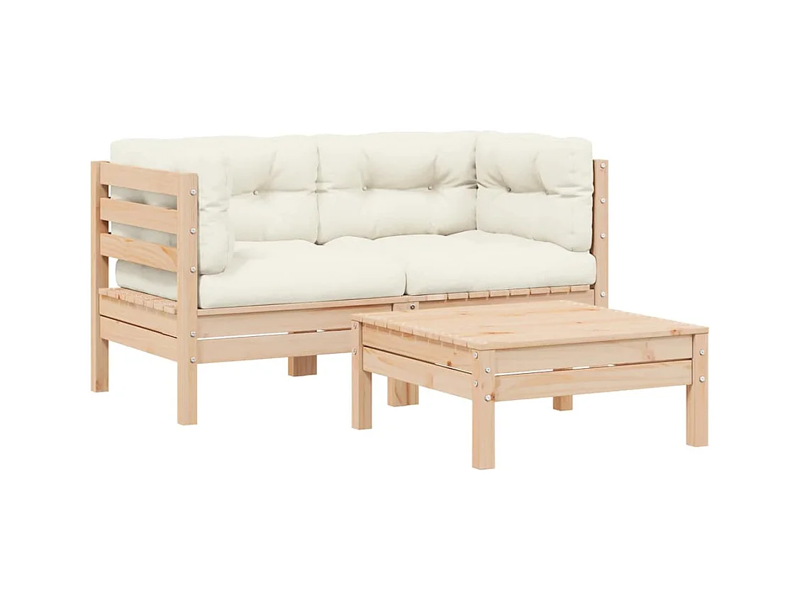 3-delige Loungeset met crèmekleurige kussens massief grenenhout