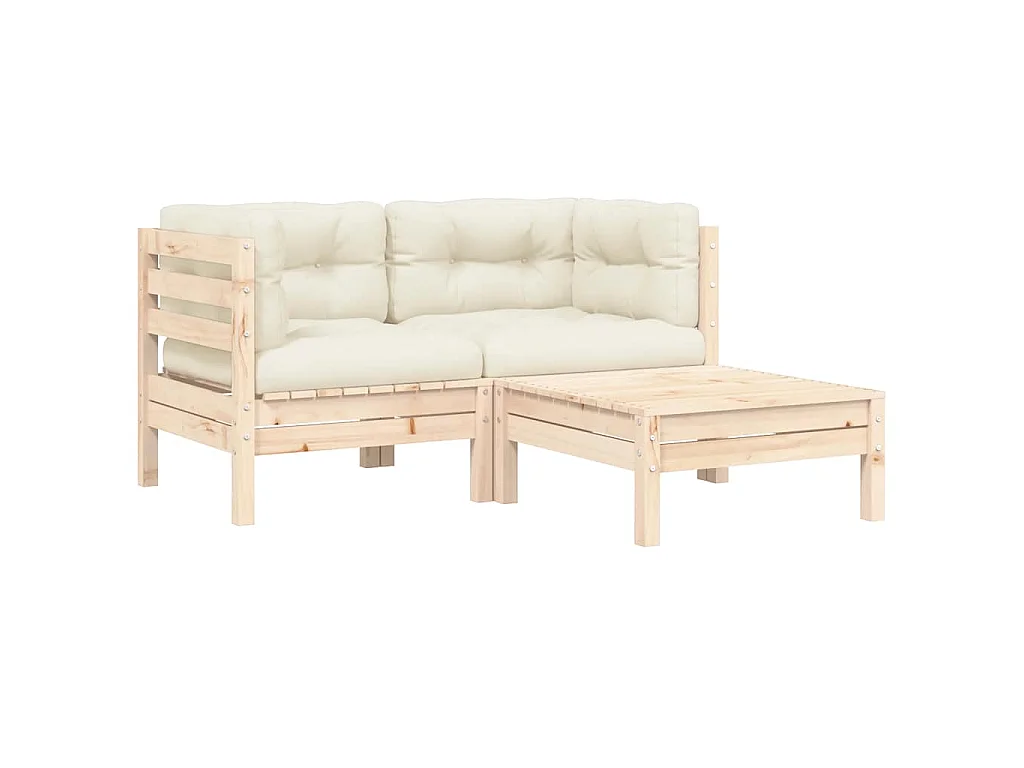Set Divani da Giardino 3 pz con Cuscini Crema Massello di Pino