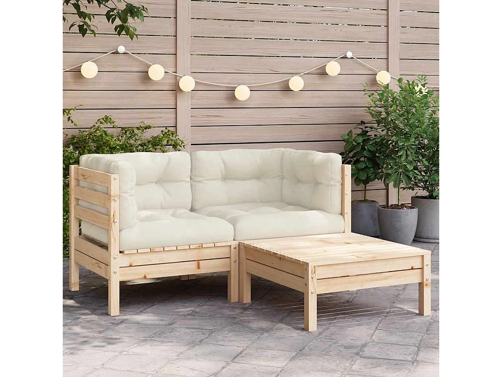 Set Divani da Giardino 3 pz con Cuscini Crema Massello di Pino