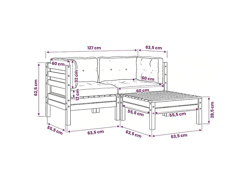 Set Divani da Giardino 3 pz con Cuscini Crema Massello di Pino