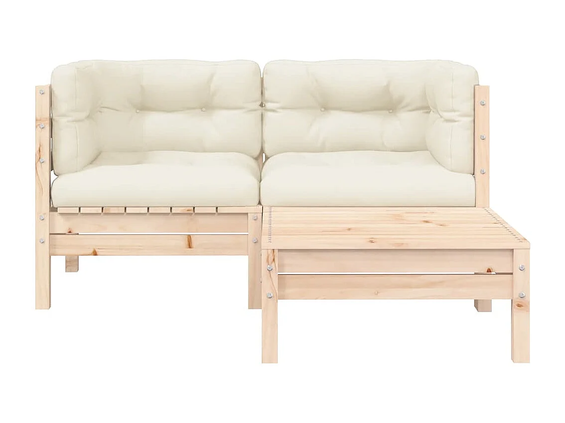 Set Divani da Giardino 3 pz con Cuscini Crema Massello di Pino