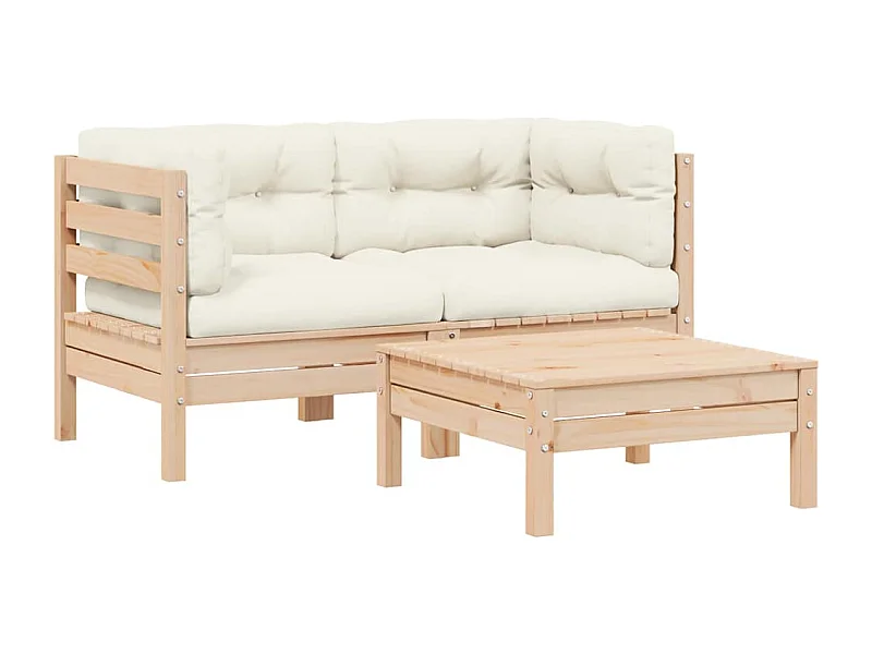 Set Divani da Giardino 3 pz con Cuscini Crema Massello di Pino