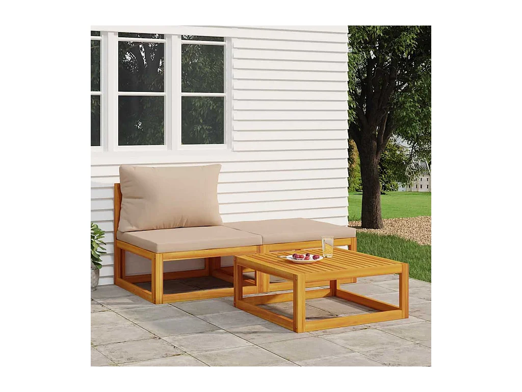 Salon de jardin 3 pcs avec coussins bois massif d'acacia