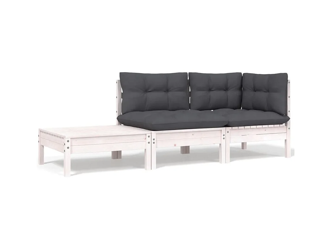 Salon de jardin 3 pcs avec coussins Blanc Bois de pin massif