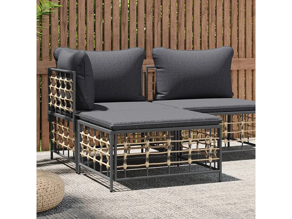 Poggiapiedi da Giardino con Cuscino in Polyrattan Grigio Scuro
