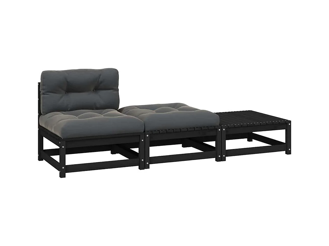 Salon de jardin 3 pcs avec coussins Noir Bois de pin massif