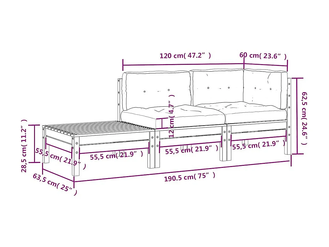 3-tlg. Garten-Lounge-Set mit Creme Kissen Massivholz Kiefer