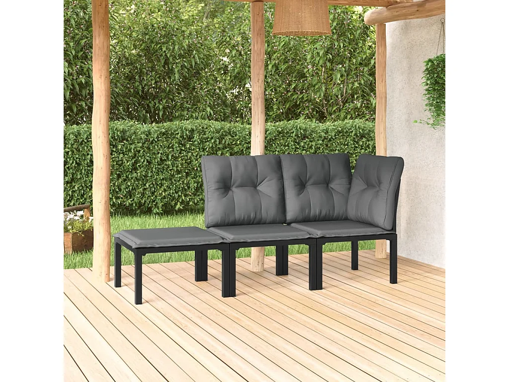 3-delige Loungeset met kussens poly rattan zwart en grijs
