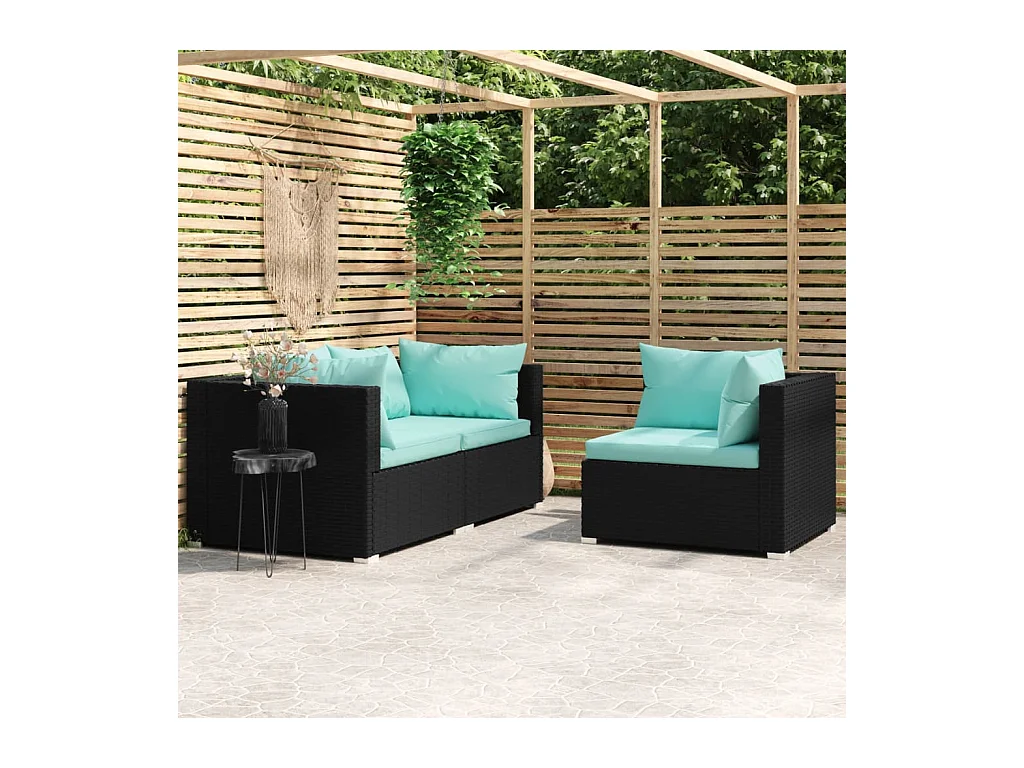 Salon de jardin 3 pcs avec coussins Noir Résine tressée