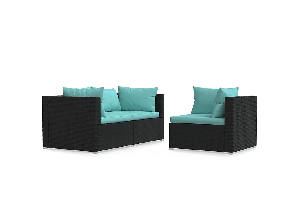 Salon de jardin 3 pcs avec coussins Noir Résine tressée