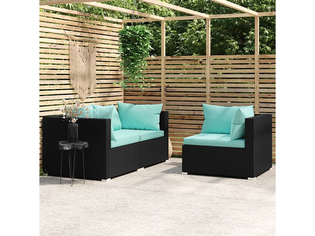 Salon de jardin 3 pcs avec coussins Noir Résine tressée