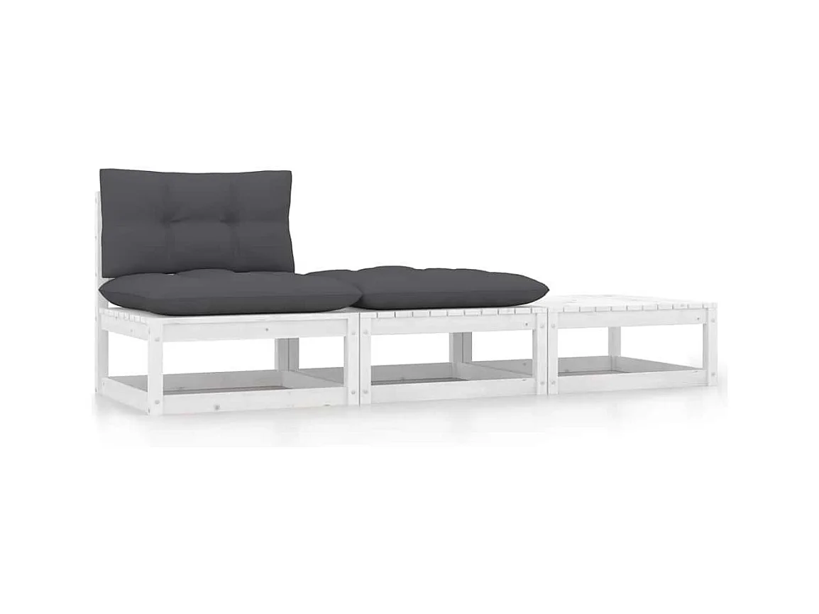 Salon de jardin 3 pcs avec coussins Blanc Bois de pin massif