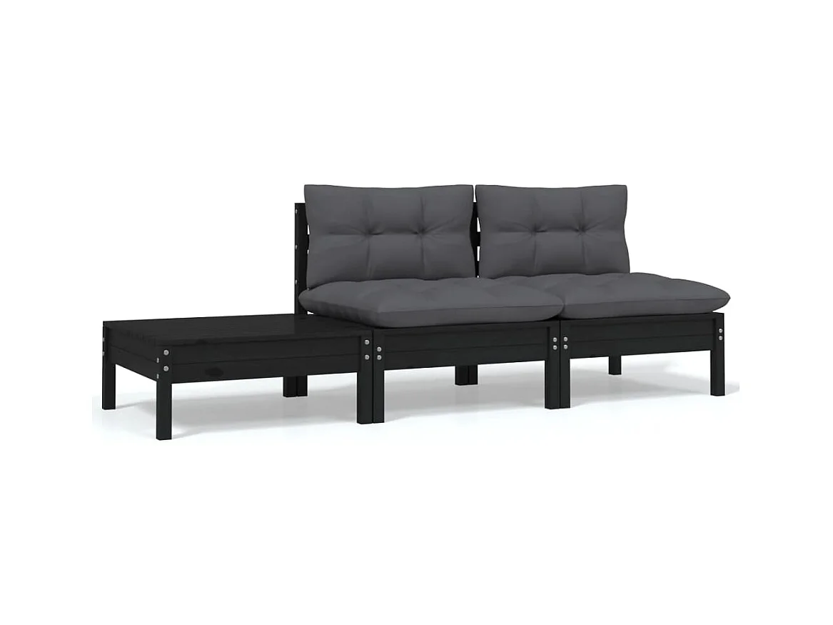 Salon de jardin 3 pcs avec coussins Noir Bois de pin massif