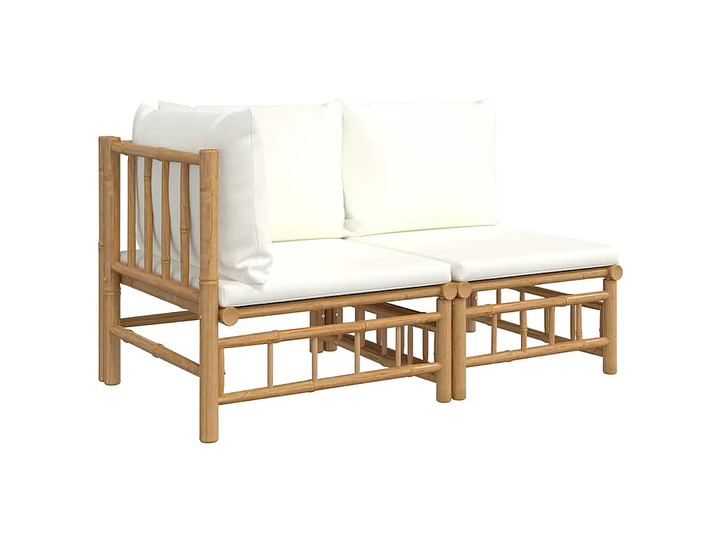 Set Salotto da Giardino 2pz con Cuscini Bianco Crema in Bambù