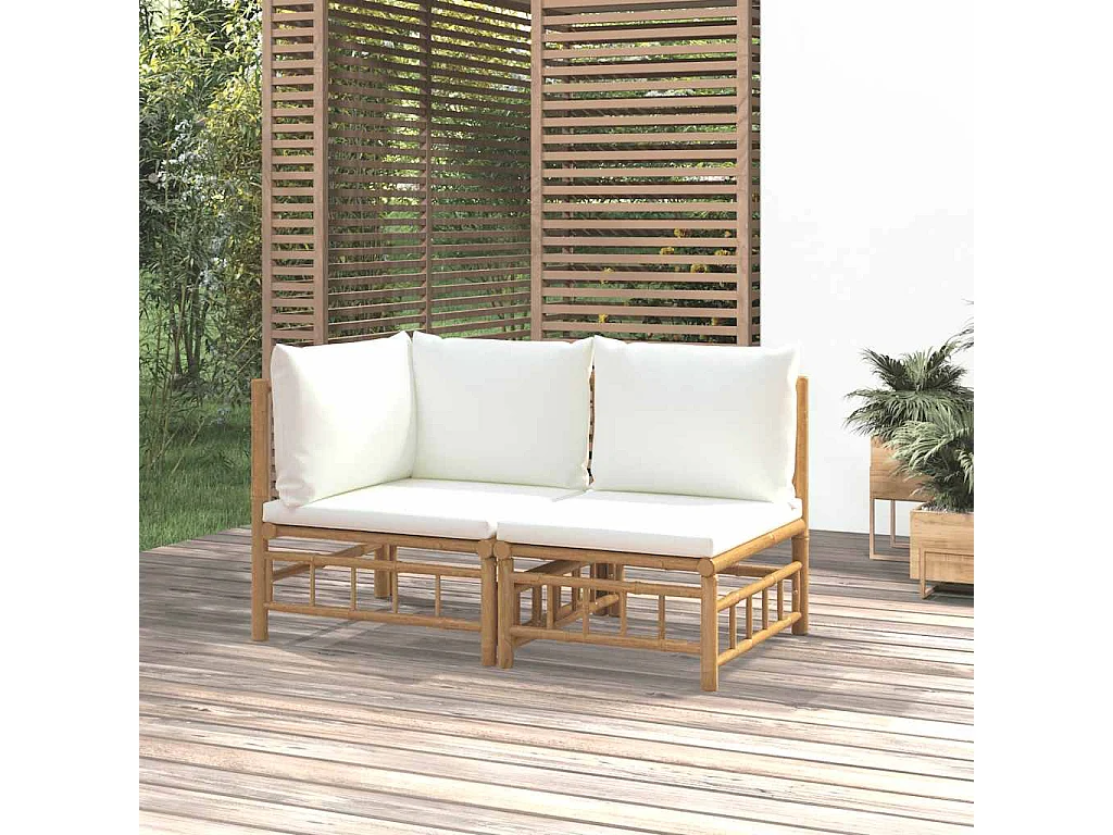 Set Salotto da Giardino 2pz con Cuscini Bianco Crema in Bambù