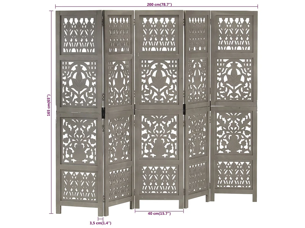 Paravent 5 panneaux Gris 200x165 cm Bois manguier
