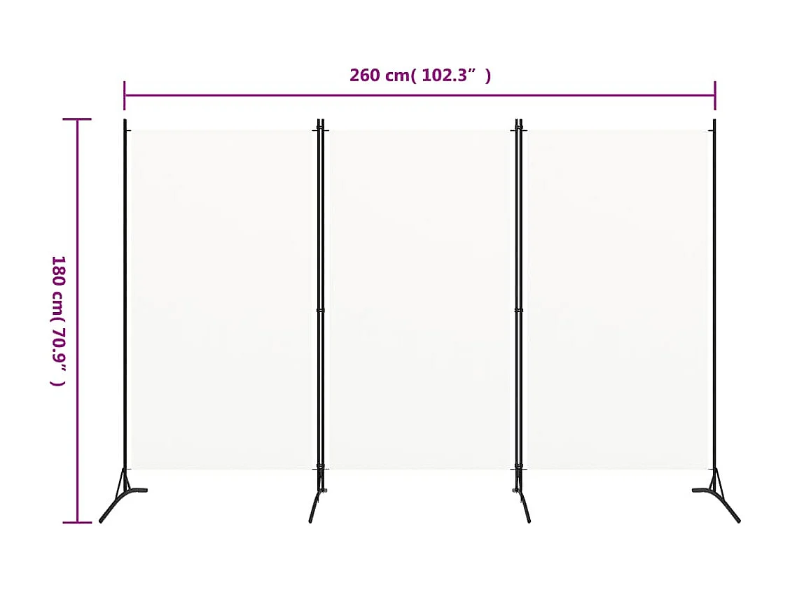 Parawan z 3 panelami, 260x180 cm, biała tkanina.