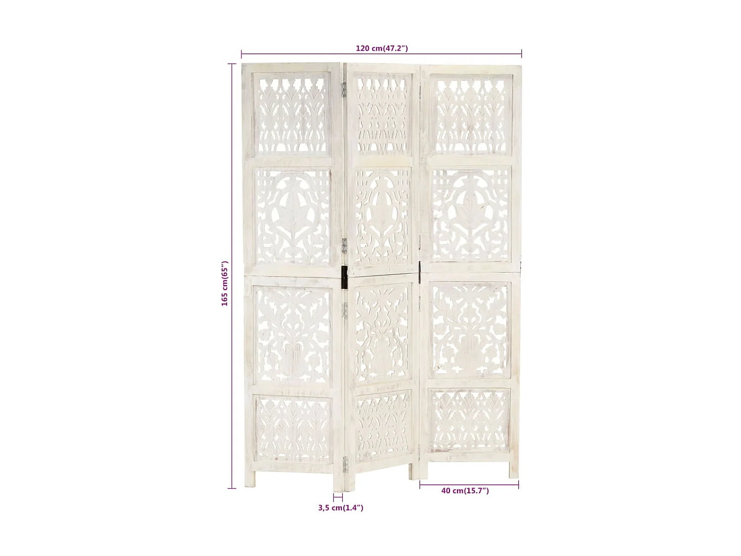 Cloison de séparation 3 panneaux Blanc 120x165 cm Bois manguier