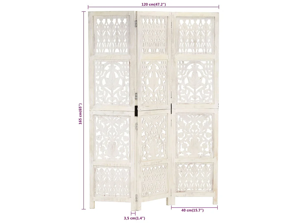 Paravent 3 panneaux Blanc 120x165 cm Bois manguier