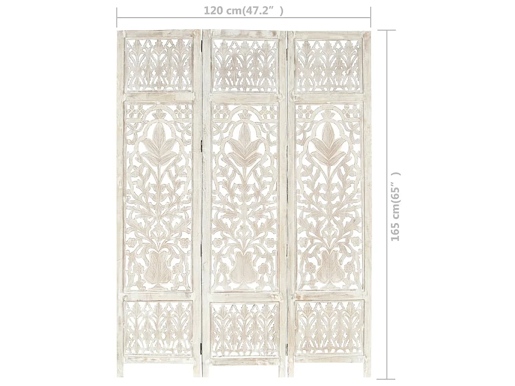 Paravent 3 panneaux Blanc 120x165 cm Bois manguier