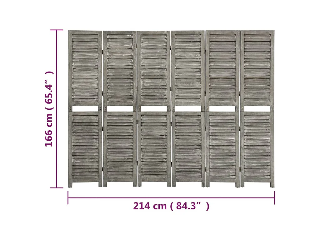 Paravent 6 panneaux Gris 214x166 cm Bois solide