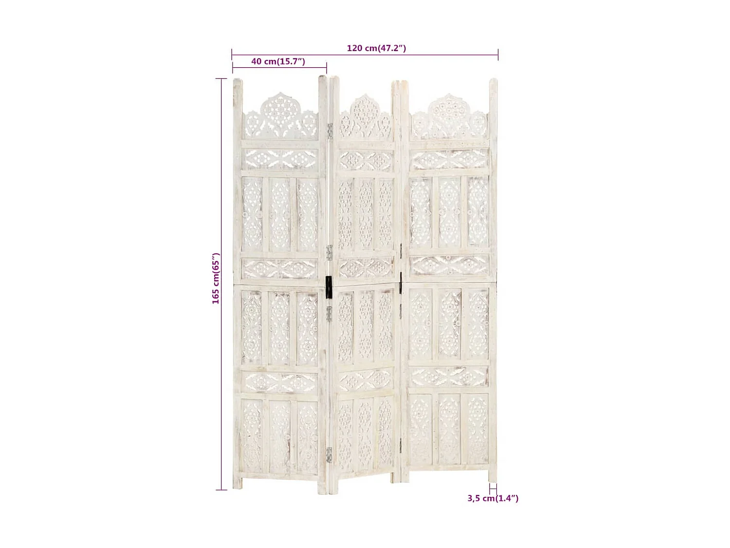 Cloison de séparation 3 panneaux Blanc 120x165 cm Bois manguier