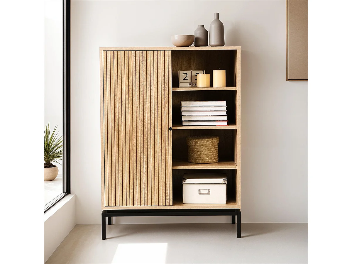 Bibliothèque 1 porte 4 niches effet bois 80 cm - Talia
