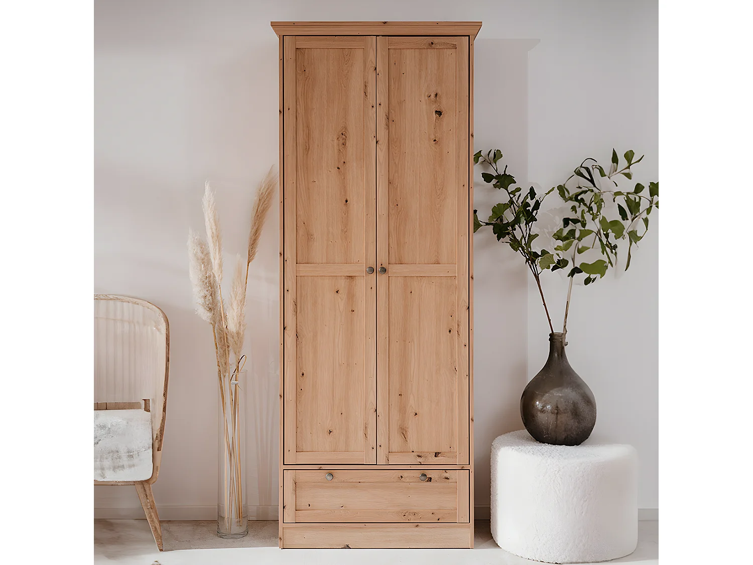 Armoire 2 portes 1 tiroir effet chêne 80 cm - Saga