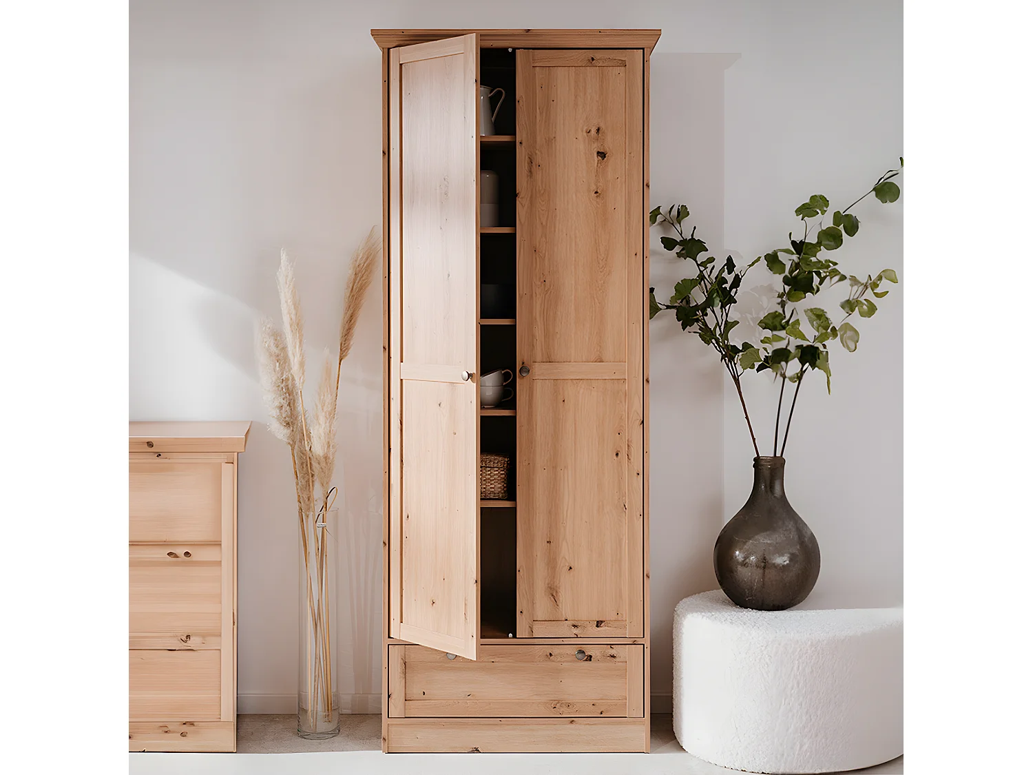 Armoire 2 portes 1 tiroir effet chêne 80 cm - Saga