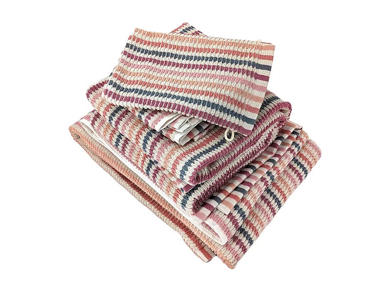 Parure de bain à rayures pur coton collection BREEZE 7 pièces rose