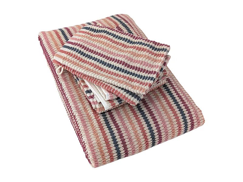 Parure de bain à rayures pur coton collection BREEZE 4 pièces rose