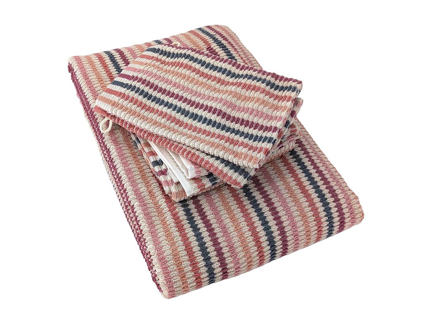 Parure de bain à rayures pur coton collection BREEZE 4 pièces rose