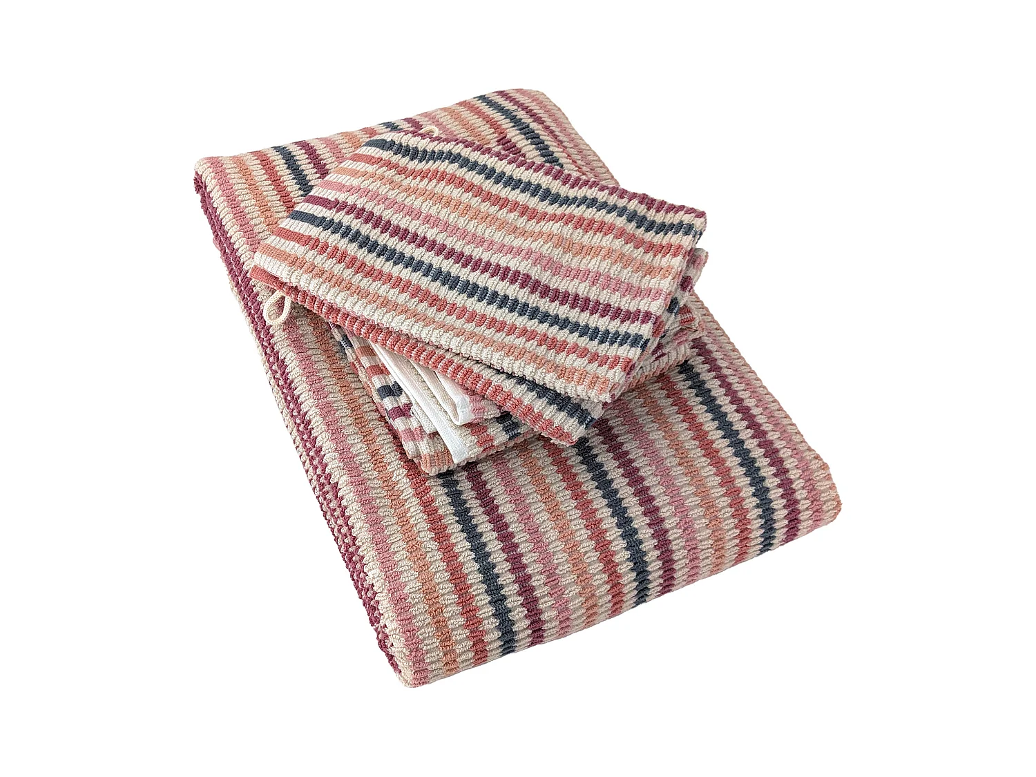 Parure de bain à rayures pur coton collection BREEZE 4 pièces rose