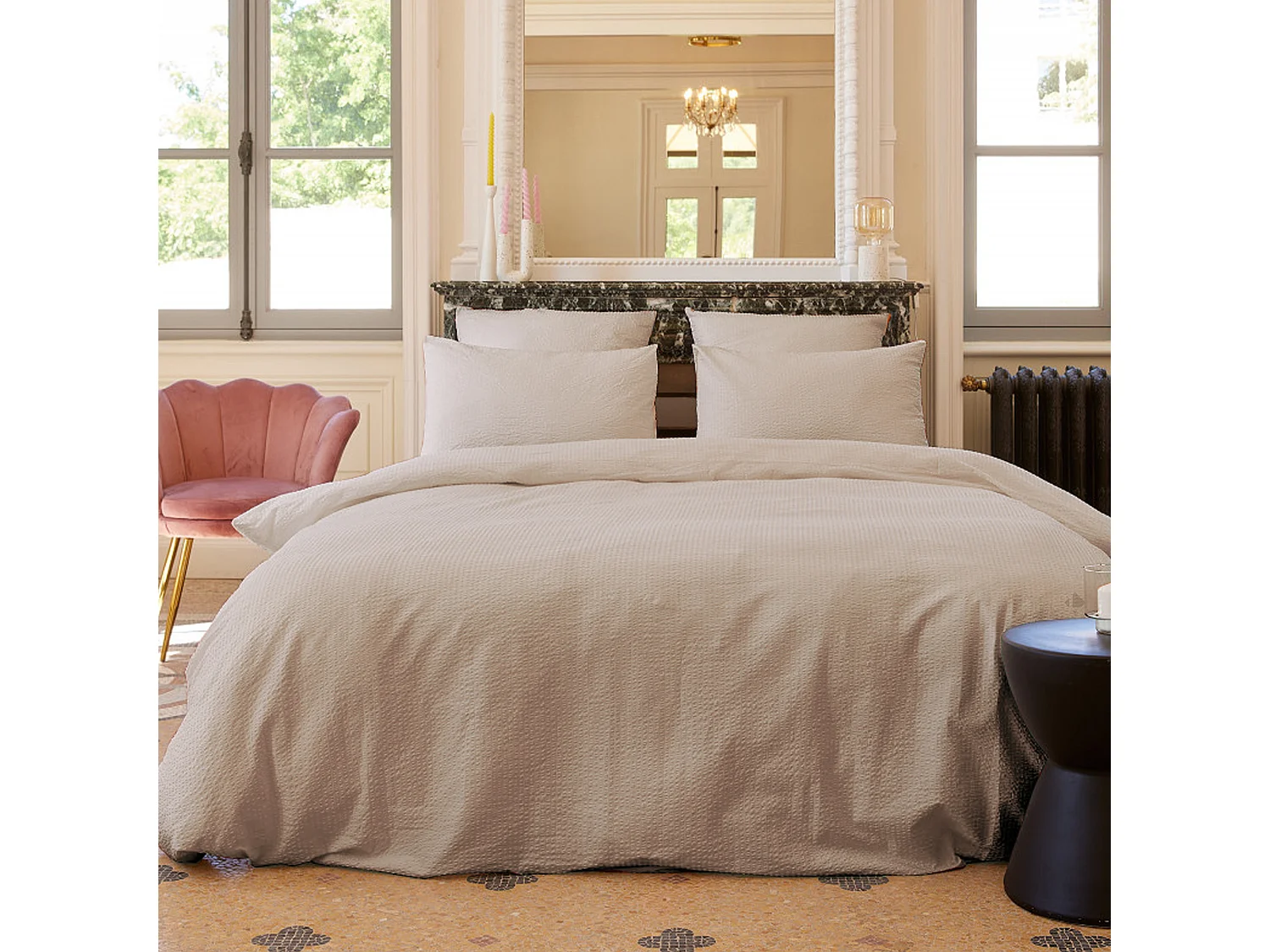 Parure de lit 2 pièces 140x200 cm taie 50x70 cm coton POPPY beige galet