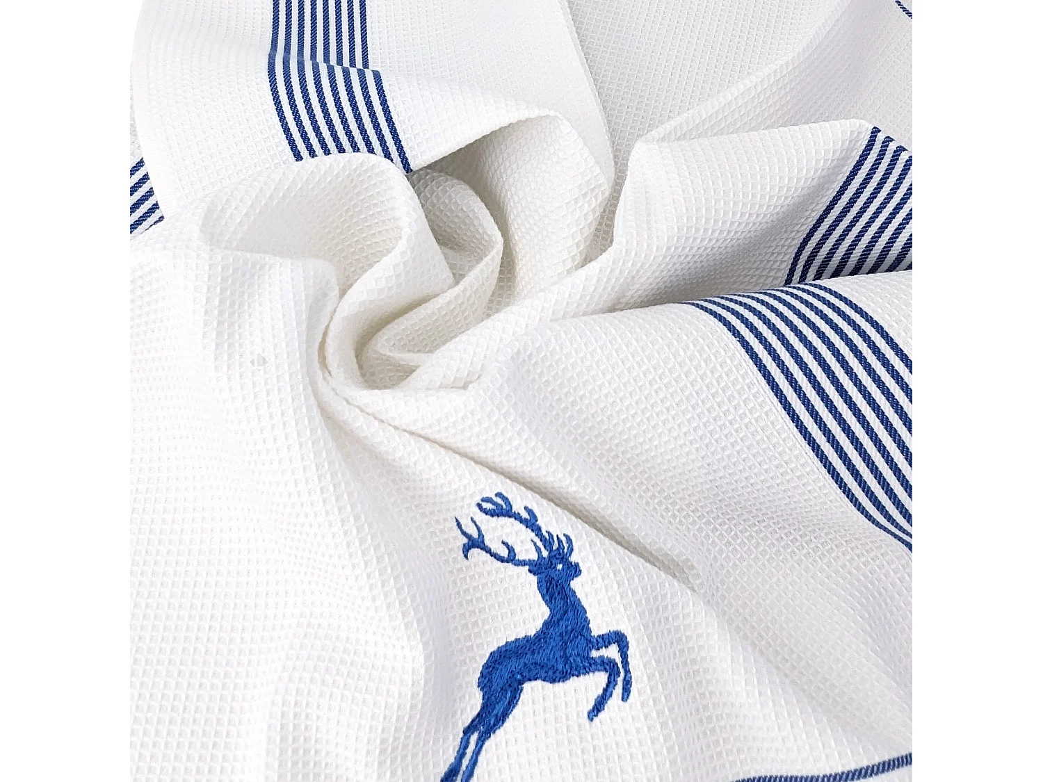 Torchon de cuisine 50x70 cm WAFFLE BRODÉ coton bleu broderie cerf