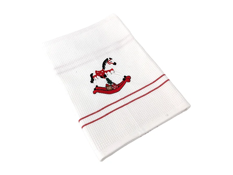 Torchon de cuisine 50x70 cm WAFFLE BRODÉ coton rouge broderie cheval