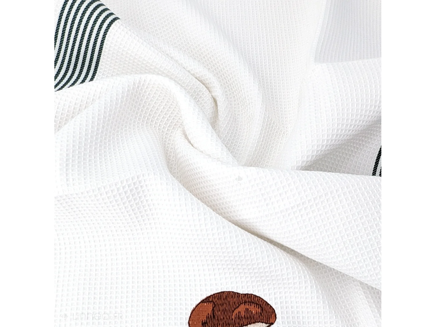 Torchon de cuisine 50x70 cm WAFFLE BRODÉ coton vert broderie champignon