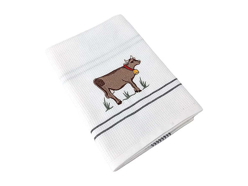 Torchon de cuisine 50x70 cm WAFFLE BRODÉ coton gris broderie vache