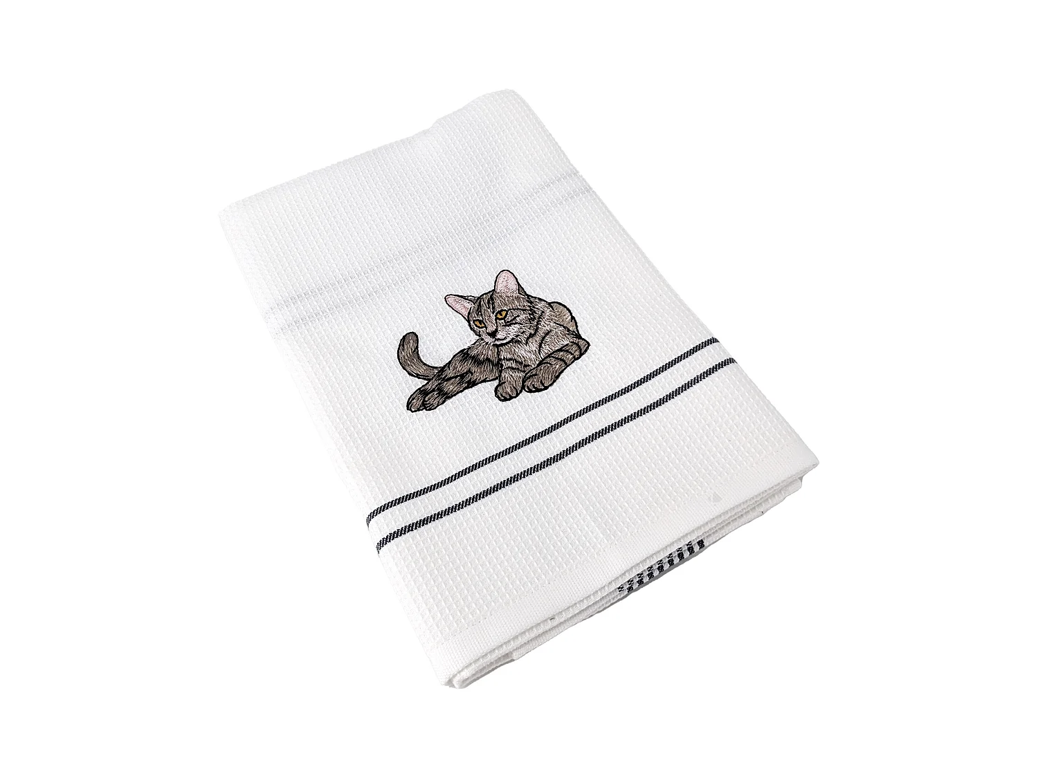 Torchon de cuisine 50x70 cm WAFFLE BRODÉ coton gris broderie chat