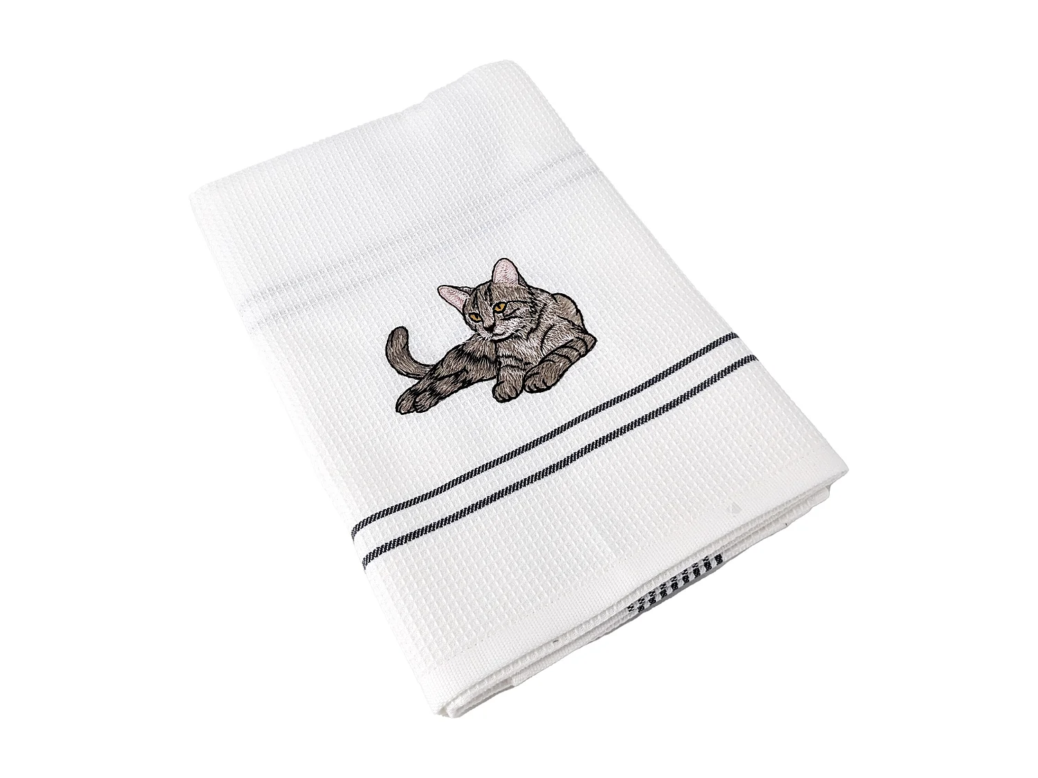 Torchon de cuisine 50x70 cm WAFFLE BRODÉ coton gris broderie chat