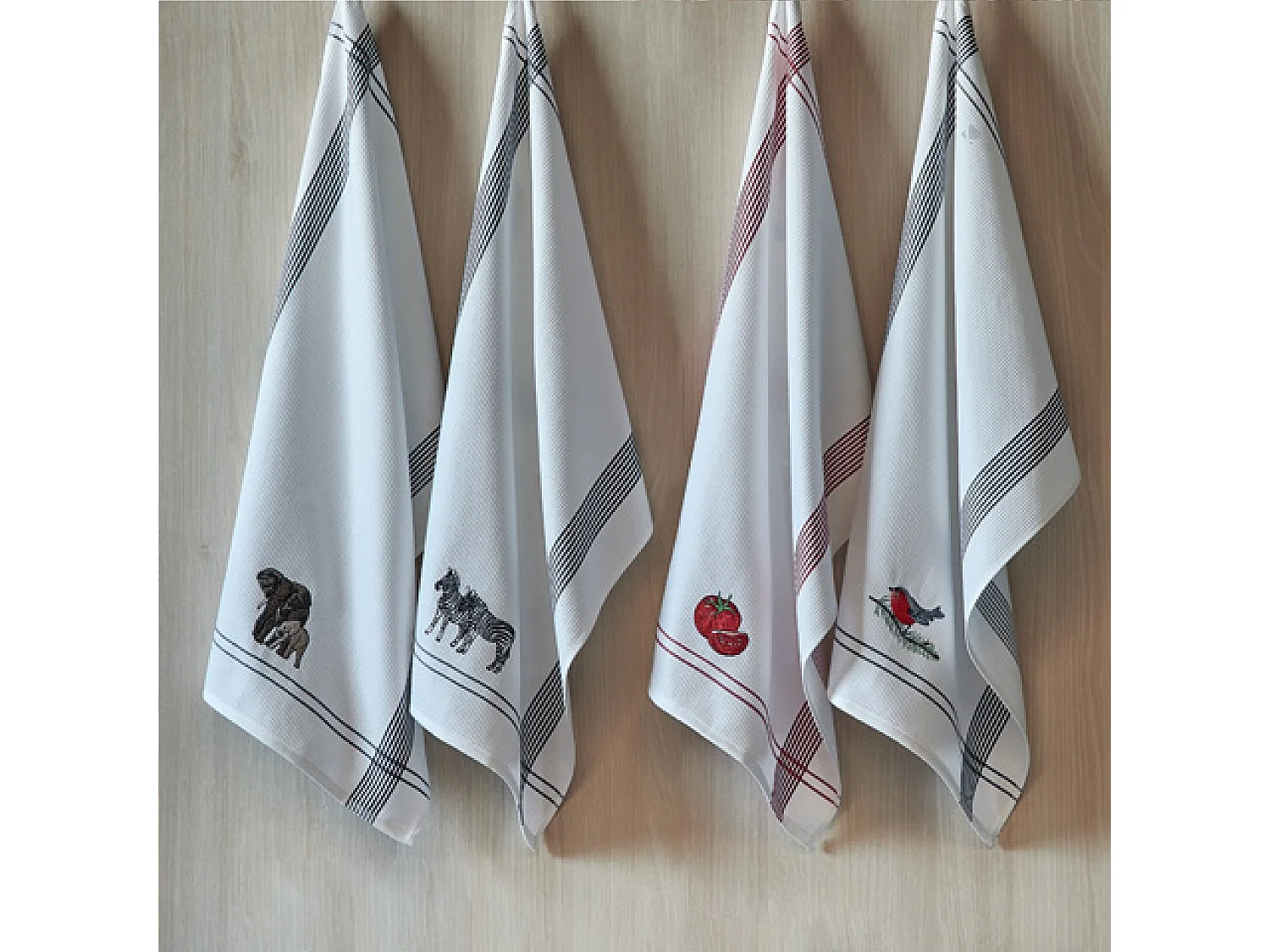 Torchon de cuisine 50x70 cm WAFFLE BRODÉ coton gris broderie chat