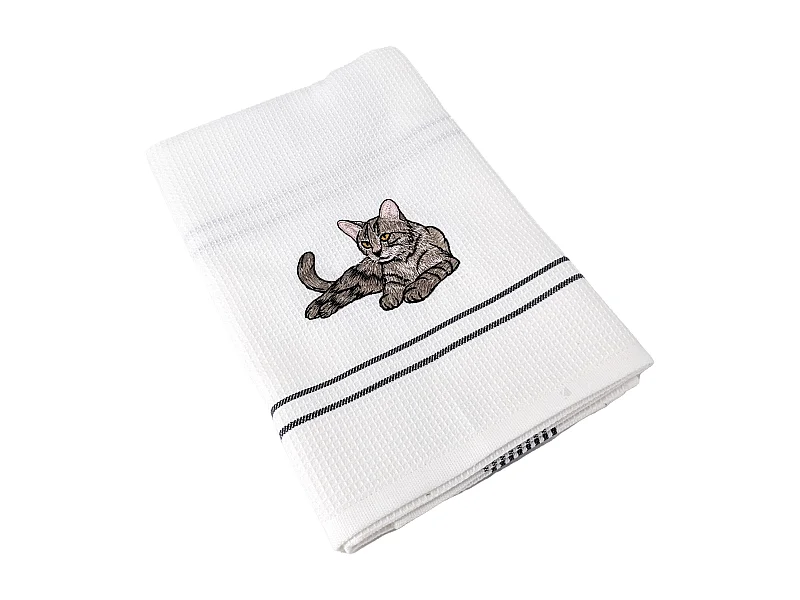Torchon de cuisine 50x70 cm WAFFLE BRODÉ coton gris broderie chat
