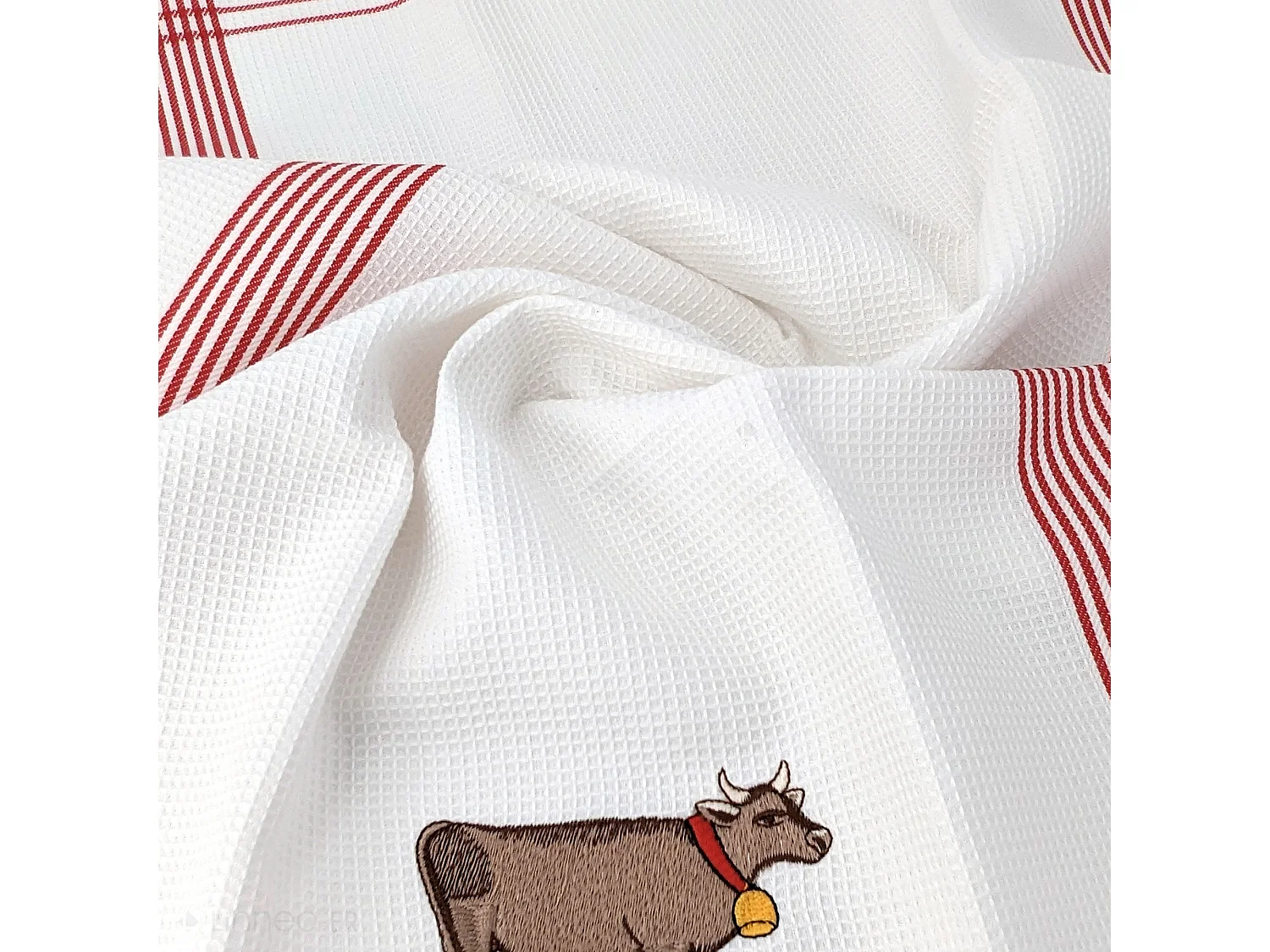 Torchon de cuisine 50x70 cm WAFFLE BRODÉ coton rouge broderie vache