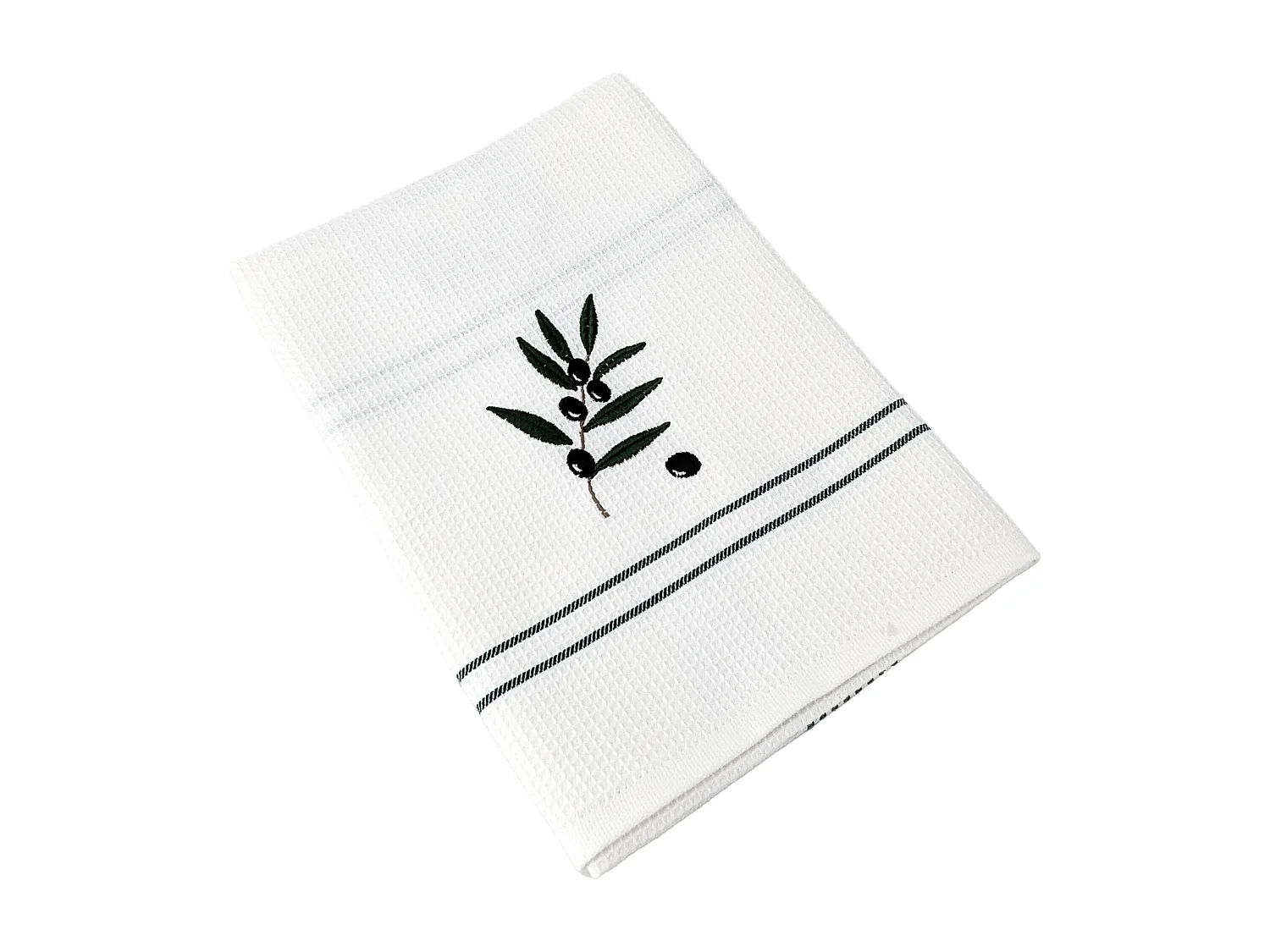 Torchon de cuisine 50x70 cm WAFFLE BRODÉ coton vert broderie olives