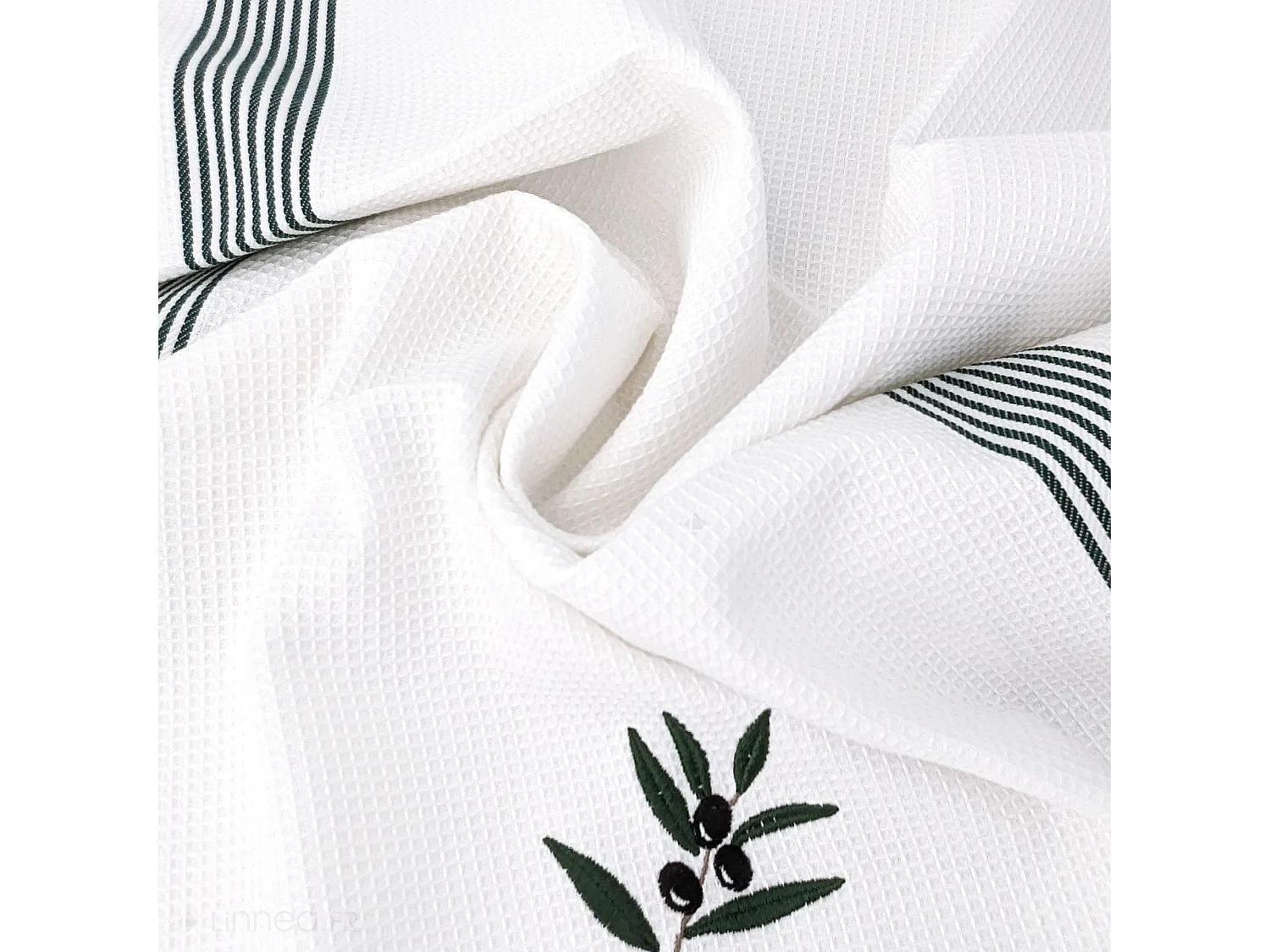 Torchon de cuisine 50x70 cm WAFFLE BRODÉ coton vert broderie olives