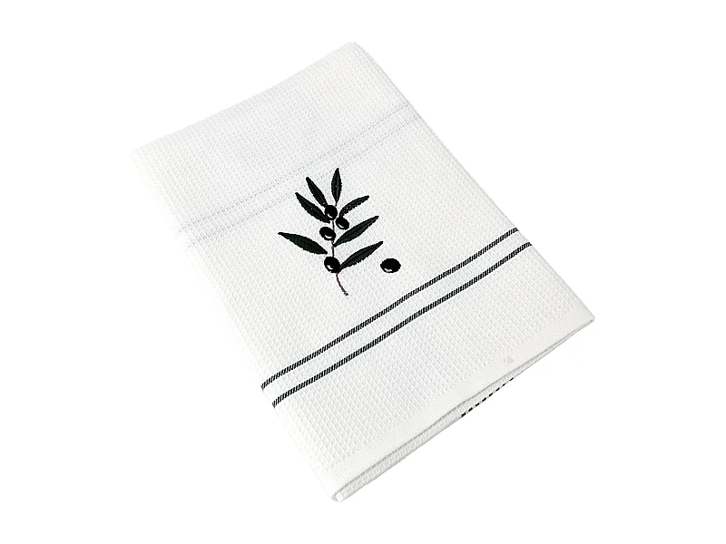 Torchon de cuisine 50x70 cm WAFFLE BRODÉ coton vert broderie olives