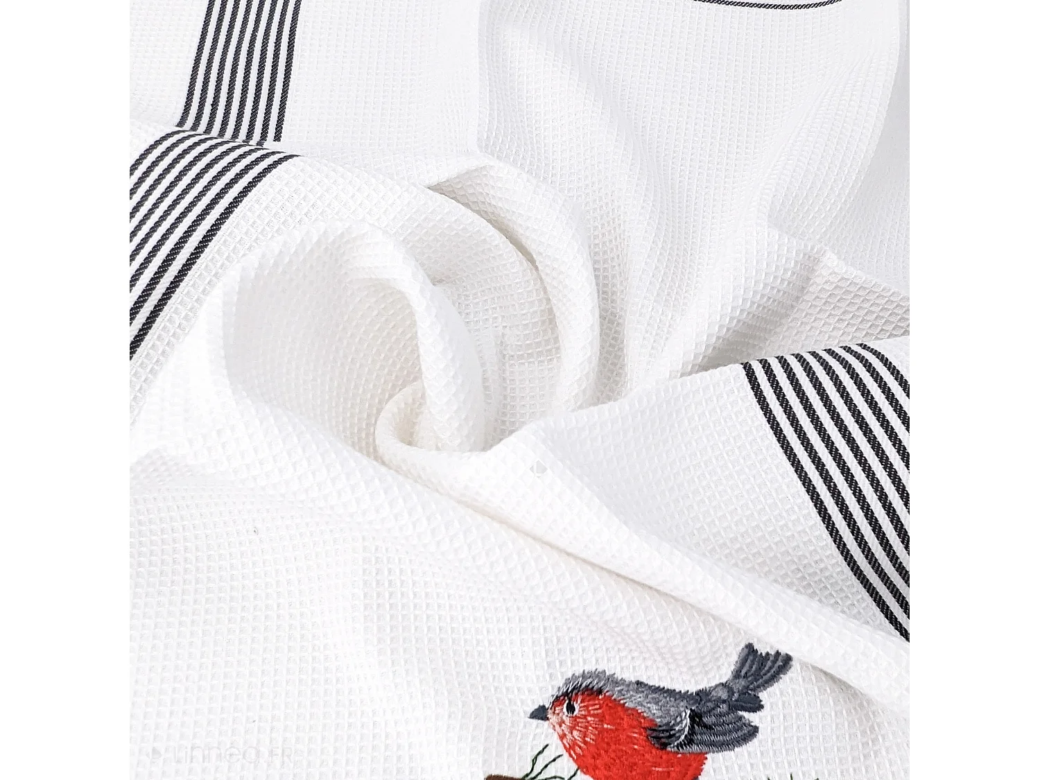 Torchon de cuisine 50x70 cm WAFFLE BRODÉ coton gris broderie merle