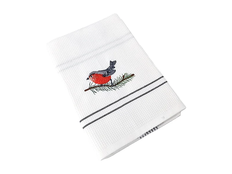 Torchon de cuisine 50x70 cm WAFFLE BRODÉ coton gris broderie merle