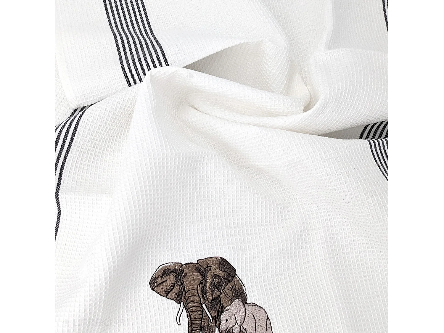 Torchon de cuisine 50x70 cm WAFFLE BRODÉ coton gris broderie éléphants